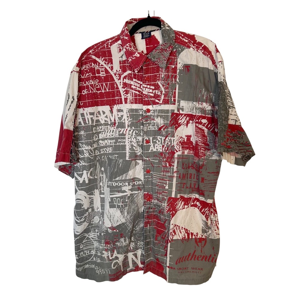Y2K Phat Farm Men's XL Red button down camp shirt distressed graphic Streetwear